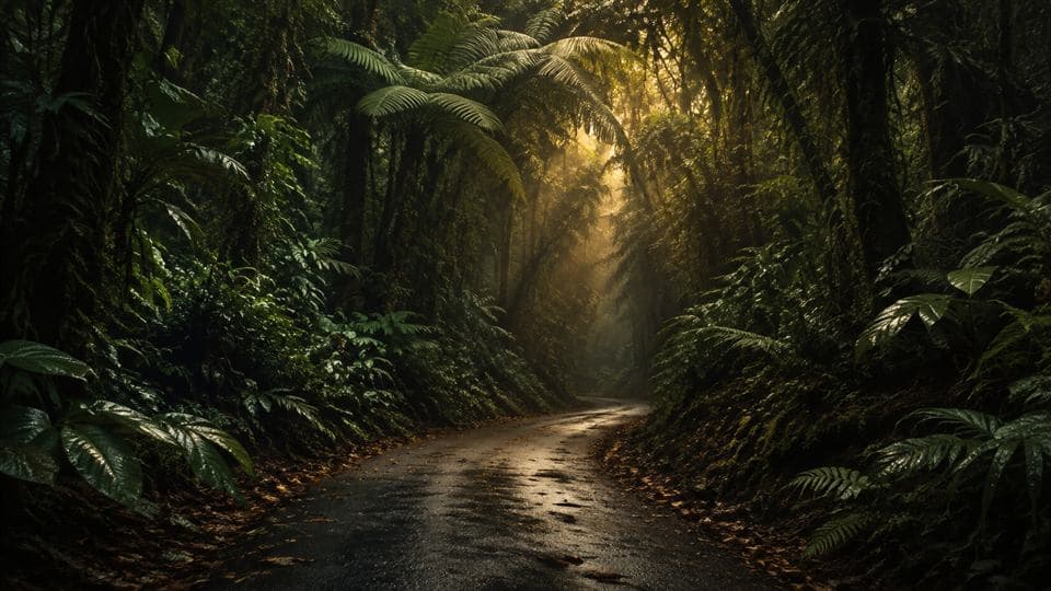 A winding road through dense Malaysian rainforest