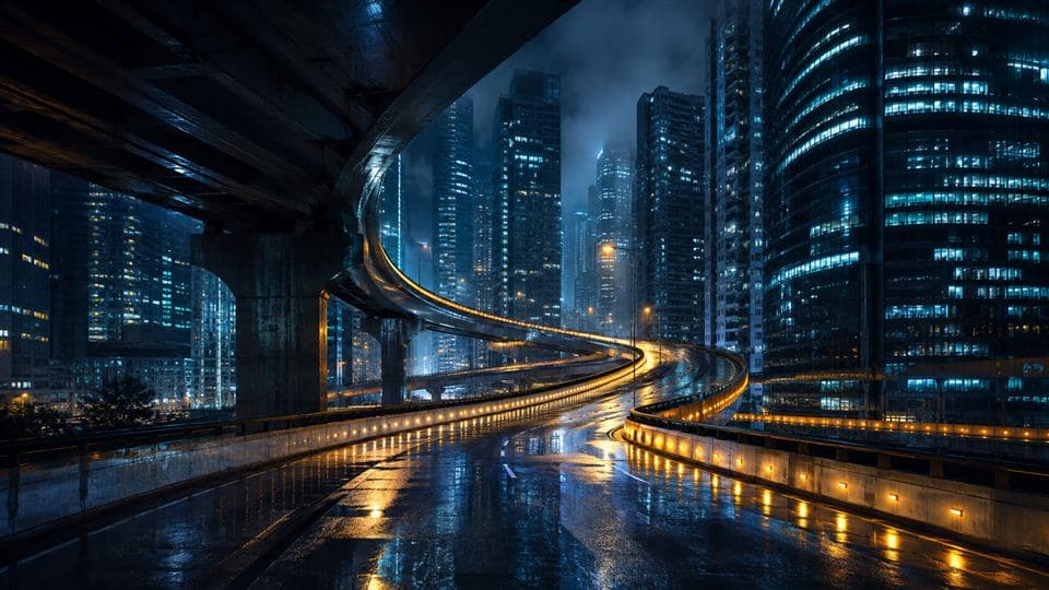 Illuminated city roads at night representing a connected convoy