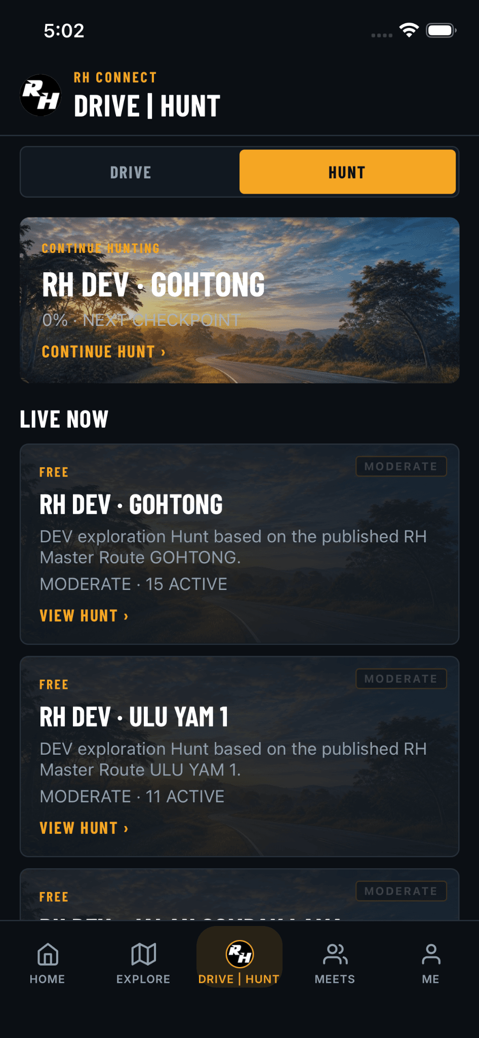 RH Connect Hunts screen showing active Hunts and progress