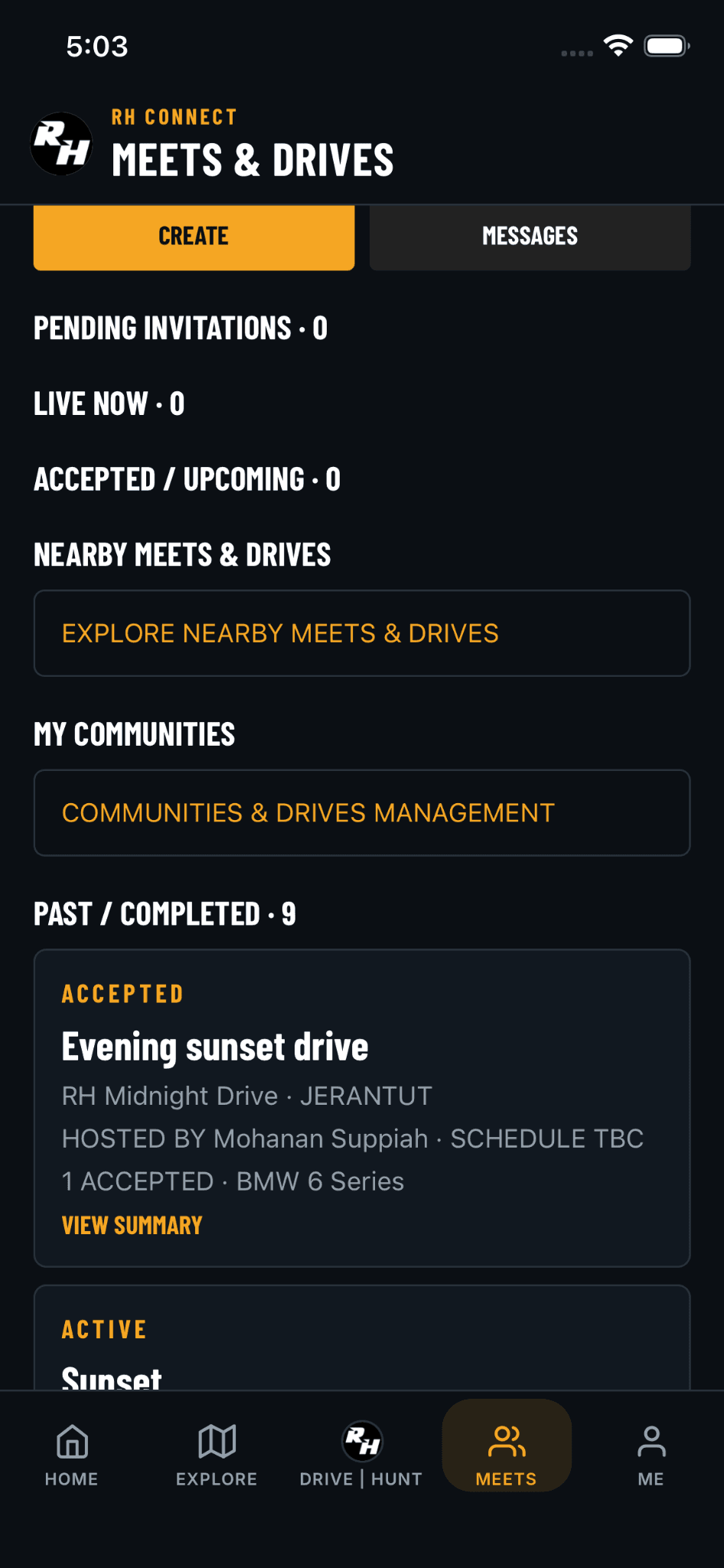 RH Connect Meets and Drives community screen